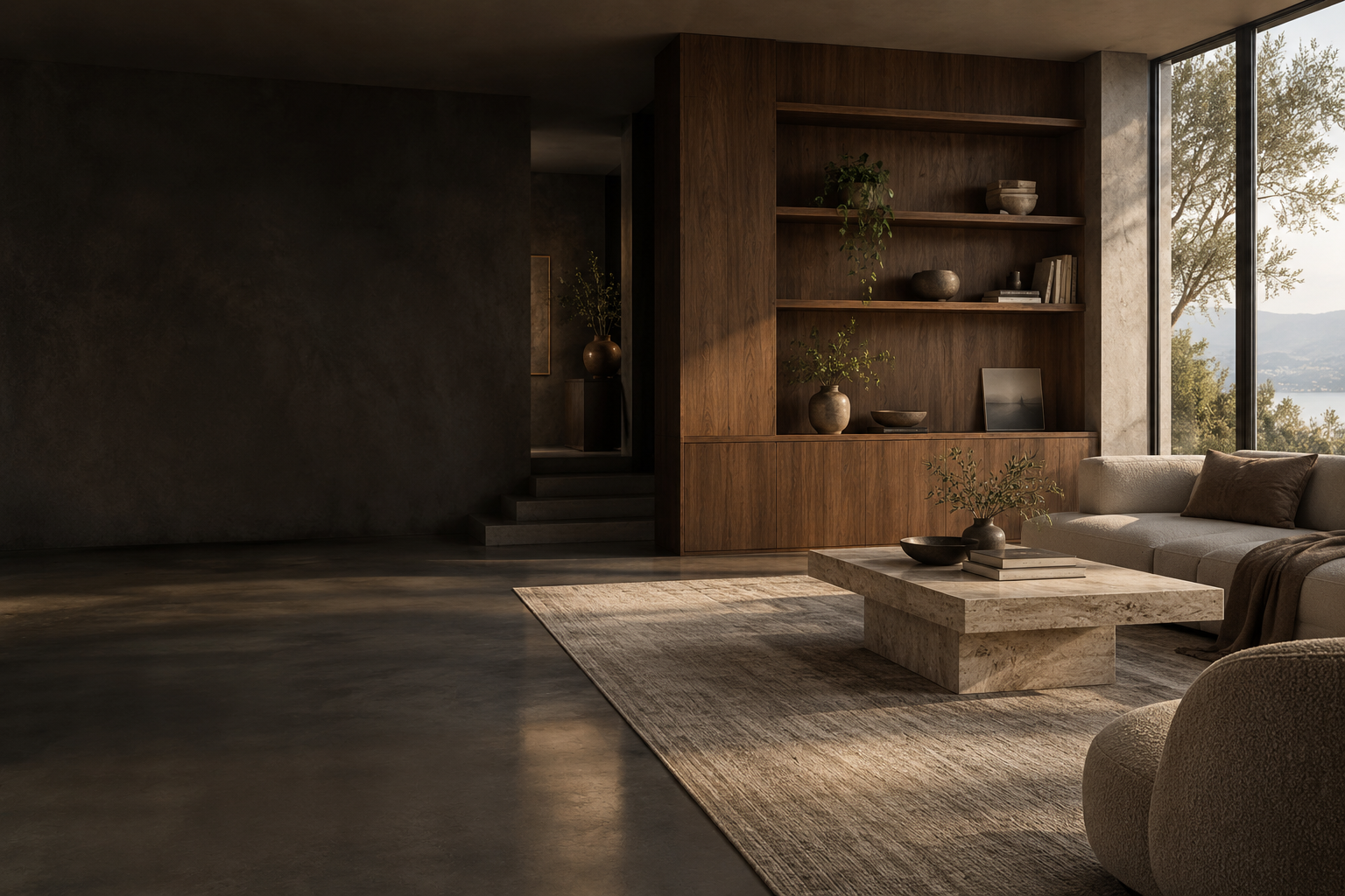 Architectural concept of a quiet living room with walnut cabinetry, cream seating, and natural light